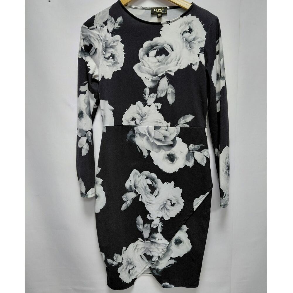 LIPSY LONDON Black White Floral Long Sleeve Bodycon Dress Women Knit Size 8